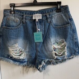 Hayden Blue Distressed Denim Shorts with Sequin Embellishments